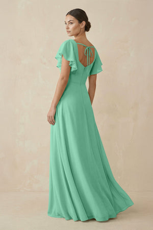 Chiffon A - Line Long Bridesmaid Dress with Flutter Sleeves in Turquoise - KissProm Bridesmaid Dresses