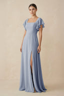 Chiffon A - Line Long Bridesmaid Dress with Flutter Sleeves in Twilight - KissProm Bridesmaid Dresses