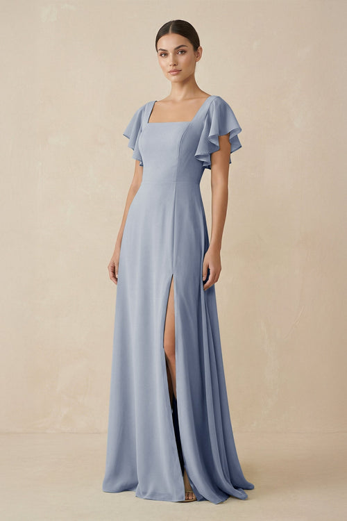 Chiffon A - Line Long Bridesmaid Dress with Flutter Sleeves in Twilight - KissProm Bridesmaid Dresses