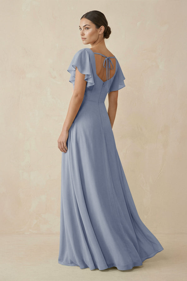 Chiffon A-Line Long Bridesmaid Dress with Flutter Sleeves in Twilight, Twilight / 0 Chiffon A-Line Long Bridesmaid Dress with Flutter Sleeves in Twilight, Twilight / 0
