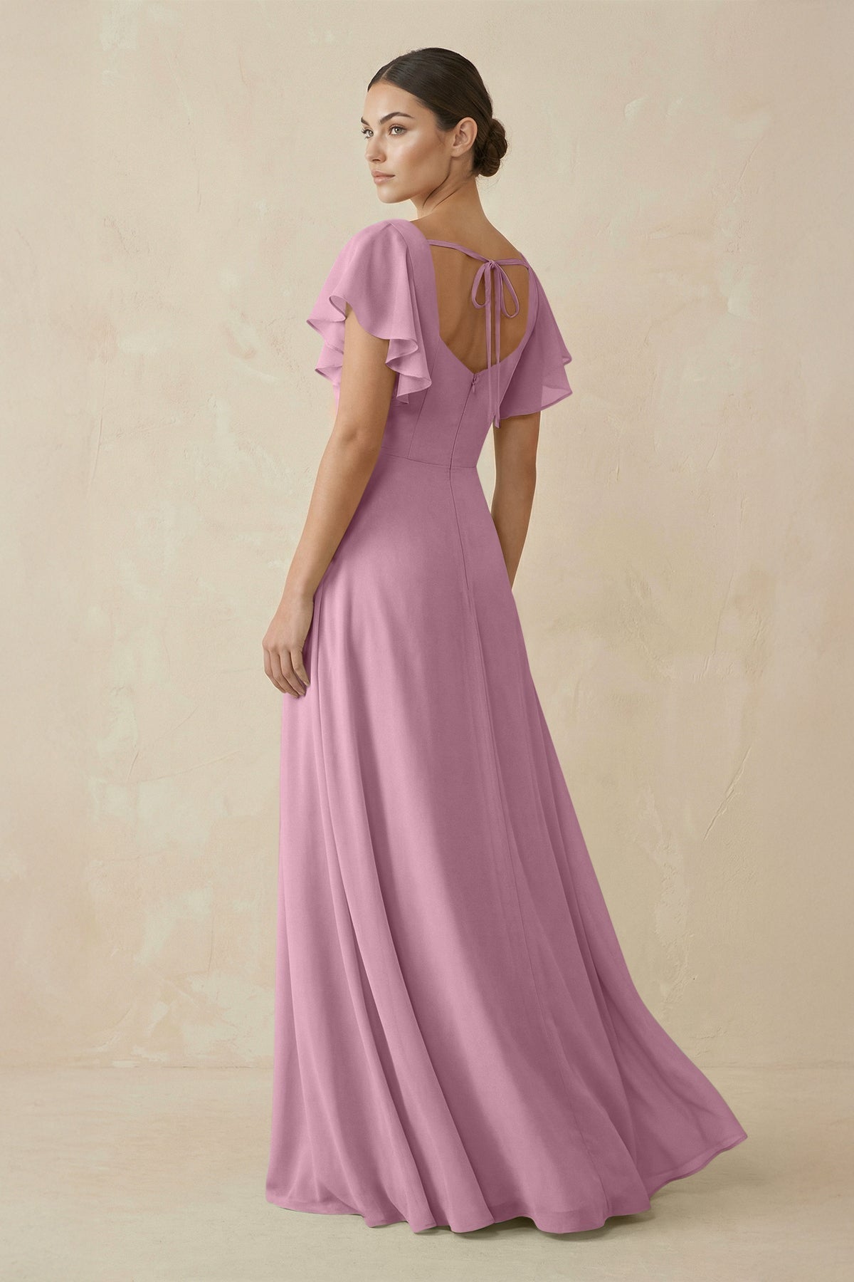 KissProm Chiffon A-Line Long Bridesmaid Dress with Flutter Sleeves in Vintage Mauve, Vintage Mauve / 12