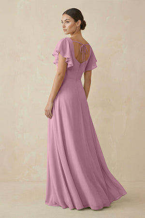 Chiffon A - Line Long Bridesmaid Dress with Flutter Sleeves in Vintage Mauve - KissProm Bridesmaid Dresses