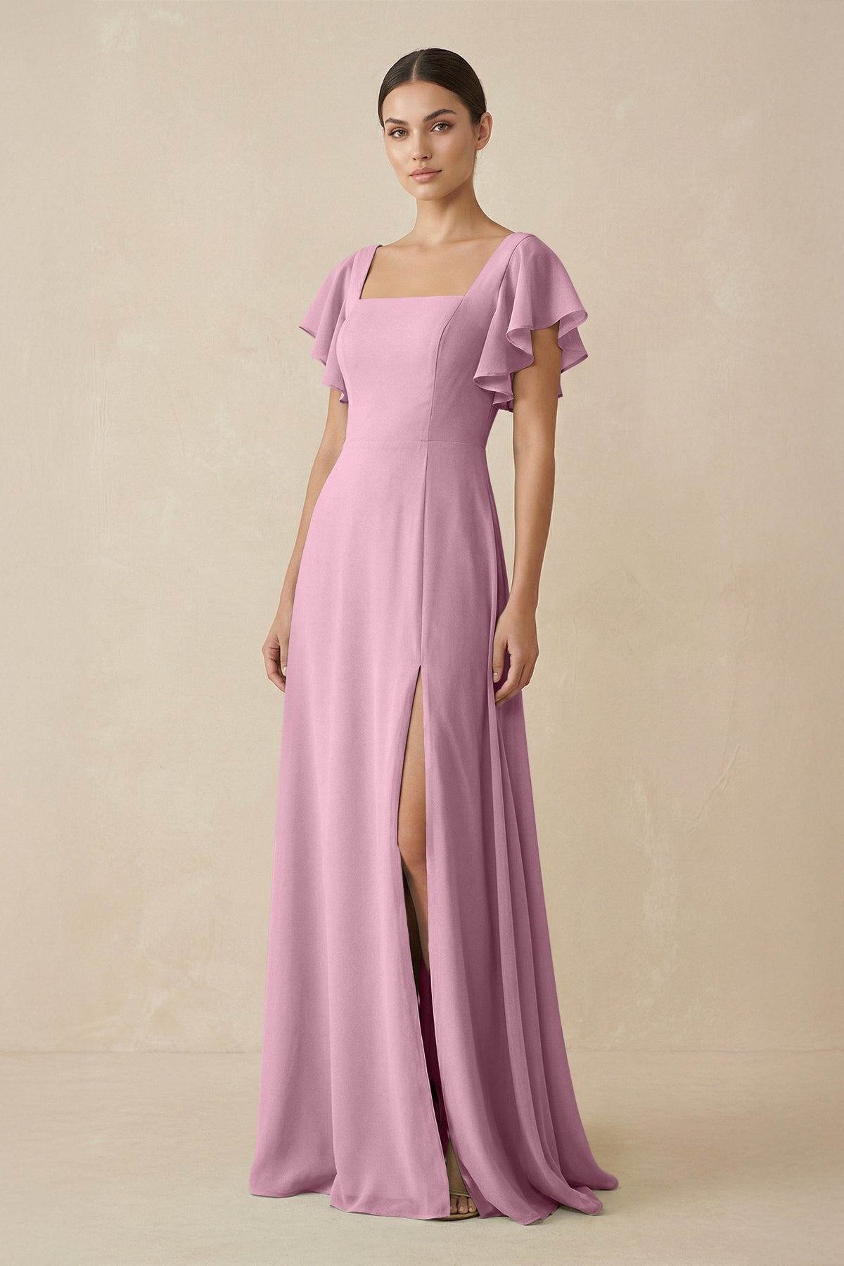 KissProm Chiffon A-Line Long Bridesmaid Dress with Flutter Sleeves in Vintage Mauve, Vintage Mauve / 12