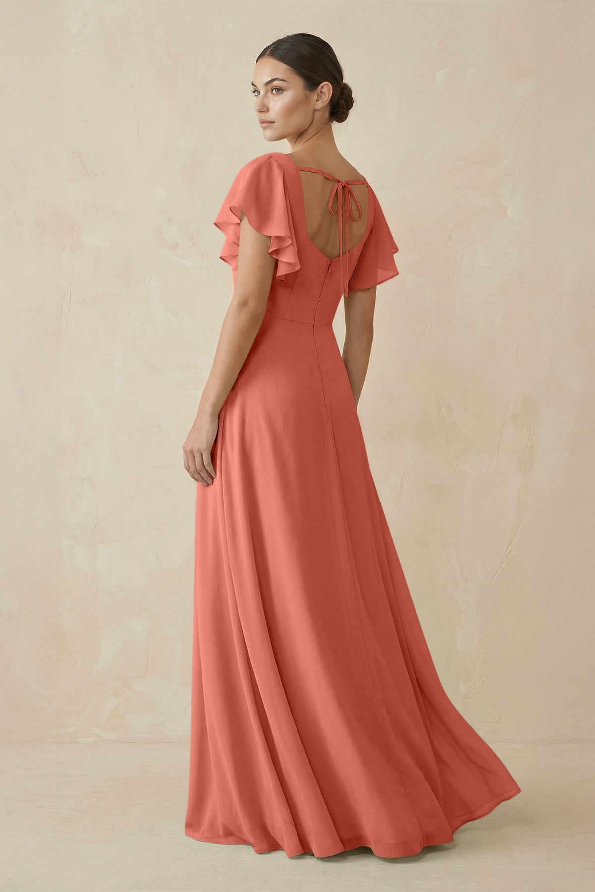 KissProm Chiffon A-Line Long Bridesmaid Dress with Flutter Sleeves in Wild Rose, Wild Rose / Custom Size( Free )