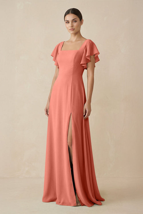 Chiffon A - Line Long Bridesmaid Dress with Flutter Sleeves in Wild Rose - KissProm Bridesmaid Dresses