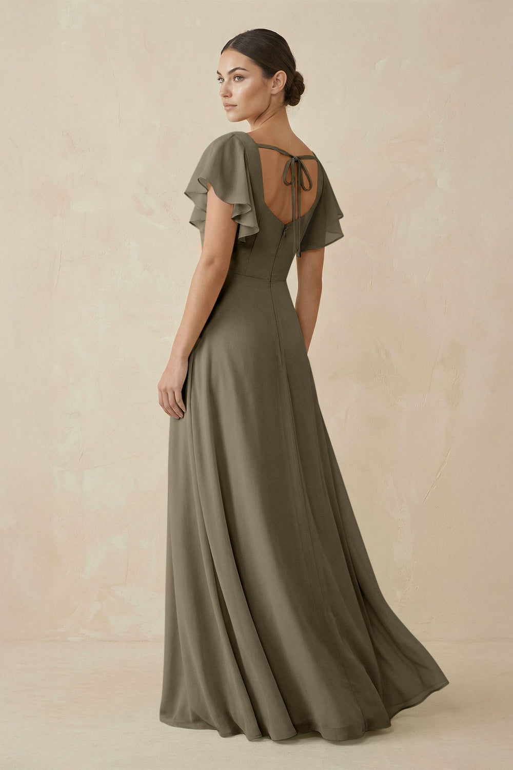 Chiffon A - Line Long Bridesmaid Dress with Flutter Sleeves in Willow Green - KissProm Bridesmaid Dresses