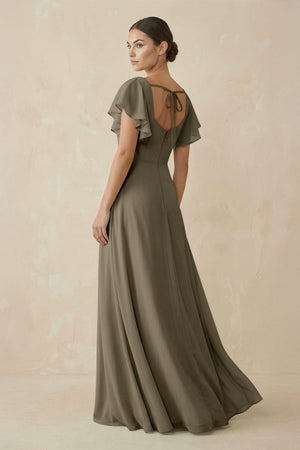 Chiffon A - Line Long Bridesmaid Dress with Flutter Sleeves in Willow Green - KissProm Bridesmaid Dresses
