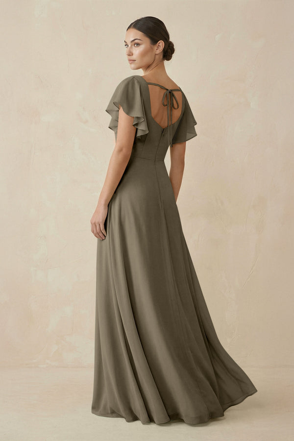 Chiffon A-Line Long Bridesmaid Dress with Flutter Sleeves in Willow Green, Willow Green / 28