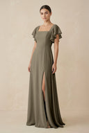 Chiffon A - Line Long Bridesmaid Dress with Flutter Sleeves in Willow Green - KissProm Bridesmaid Dresses