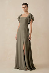 Chiffon A - Line Long Bridesmaid Dress with Flutter Sleeves in Willow Green - KissProm Bridesmaid Dresses
