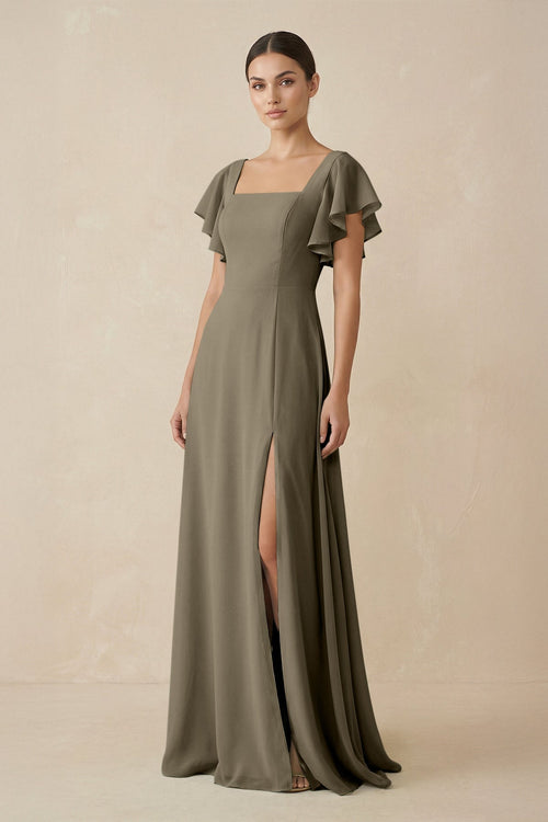 Chiffon A - Line Long Bridesmaid Dress with Flutter Sleeves in Willow Green - KissProm Bridesmaid Dresses