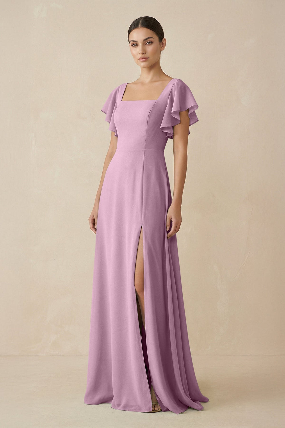 Chiffon A - Line Long Bridesmaid Dress with Flutter Sleeves in Wisteria - KissProm Bridesmaid Dresses