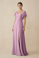 Chiffon A - Line Long Bridesmaid Dress with Flutter Sleeves in Wisteria - KissProm Bridesmaid Dresses
