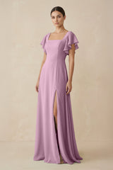 Chiffon A - Line Long Bridesmaid Dress with Flutter Sleeves in Wisteria - KissProm Bridesmaid Dresses