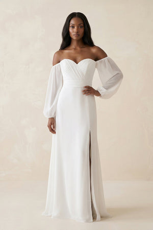 Chiffon A - Line Off - the - Shoulder Wedding Dress With Slit in White - KissProm Wedding Dresses