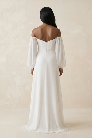 Chiffon A - Line Off - the - Shoulder Wedding Dress With Slit in White - KissProm Wedding Dresses