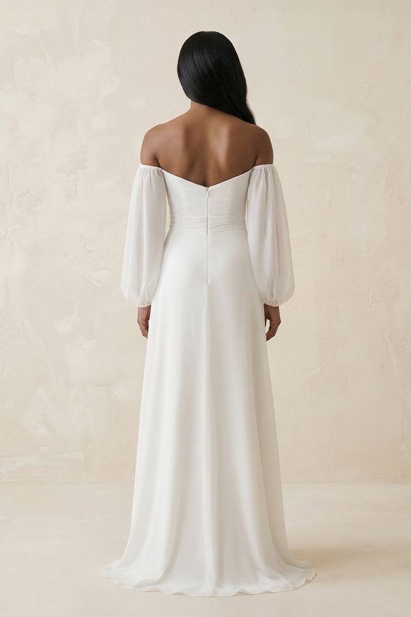 Chiffon A - Line Off - the - Shoulder Wedding Dress With Slit in White - KissProm Wedding Dresses