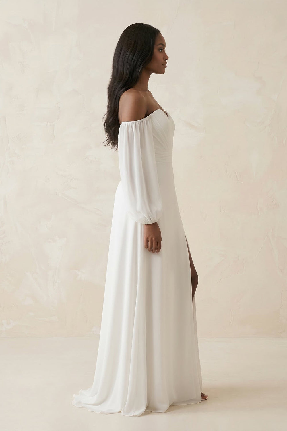 Chiffon A - Line Off - the - Shoulder Wedding Dress With Slit in White - KissProm Wedding Dresses