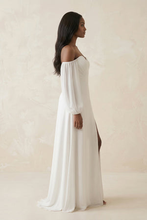 Chiffon A - Line Off - the - Shoulder Wedding Dress With Slit in White - KissProm Wedding Dresses
