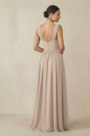 Chiffon A - Line Pleated Bridesmaid Dress in Almond - KissProm Bridesmaid Dresses