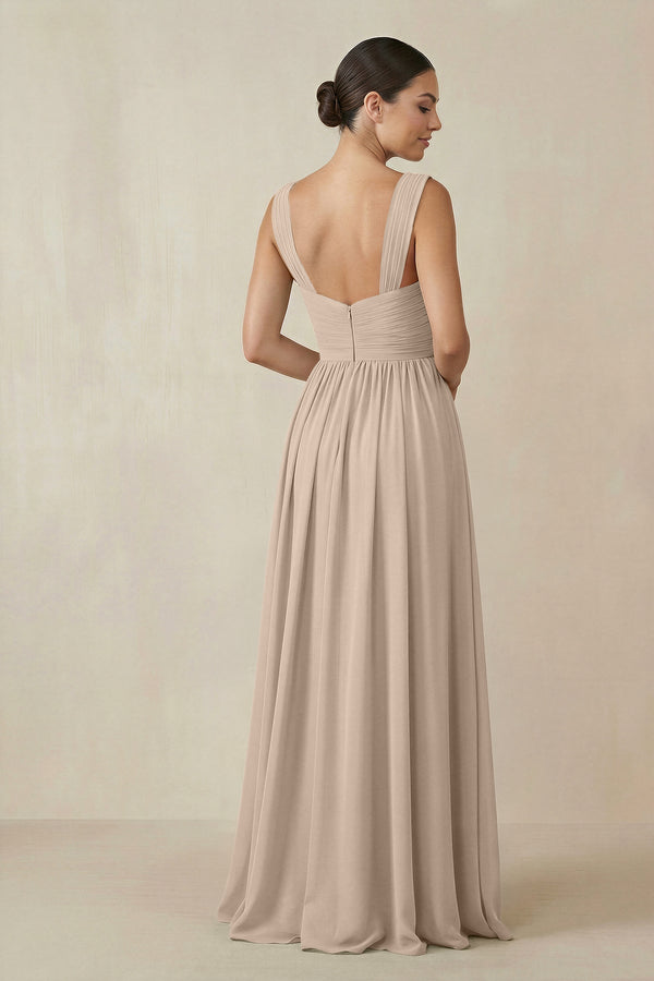 Chiffon A - Line Pleated Bridesmaid Dress in Almond - KissProm Bridesmaid Dresses