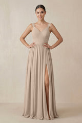 Chiffon A - Line Pleated Bridesmaid Dress in Almond - KissProm Bridesmaid Dresses