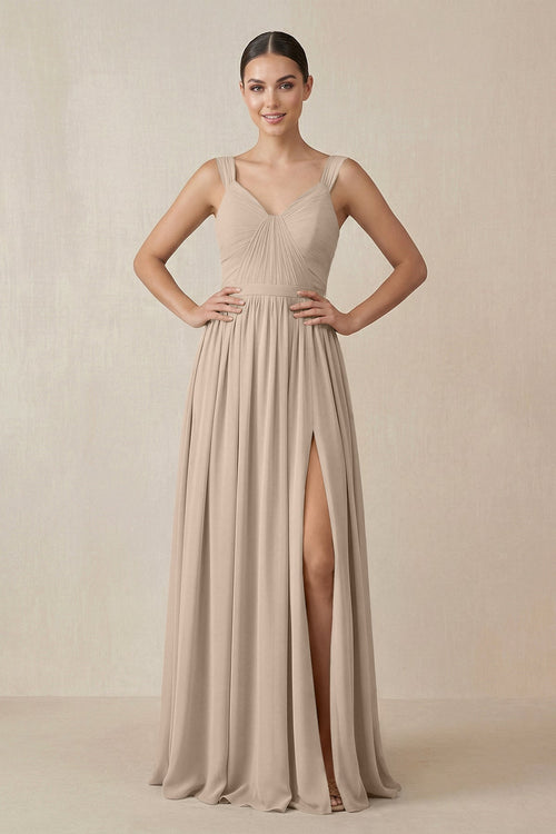 Chiffon A - Line Pleated Bridesmaid Dress in Almond - KissProm Bridesmaid Dresses