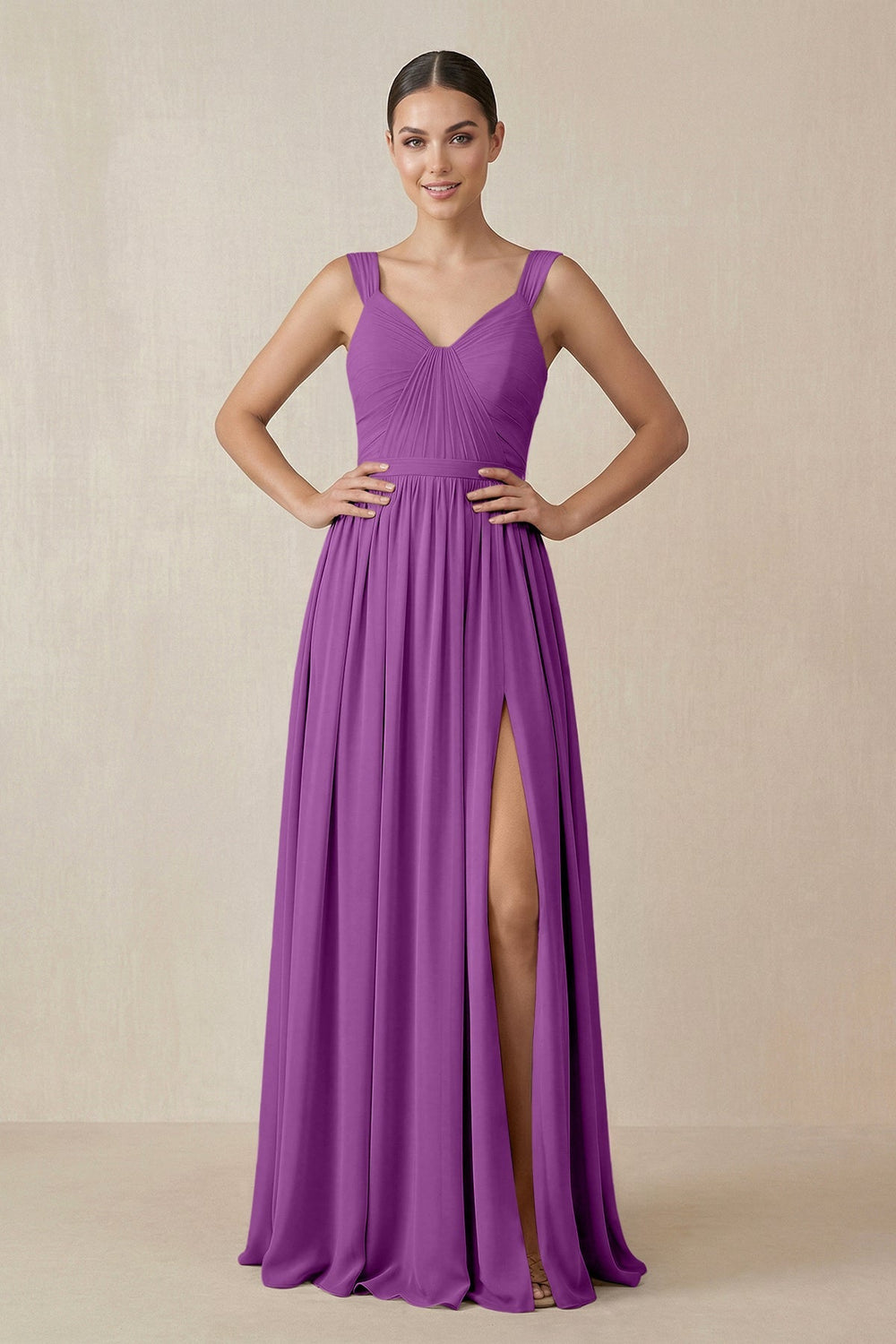 Chiffon A - Line Pleated Bridesmaid Dress in Amethyst - KissProm Bridesmaid Dresses