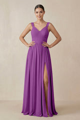 Chiffon A - Line Pleated Bridesmaid Dress in Amethyst - KissProm Bridesmaid Dresses