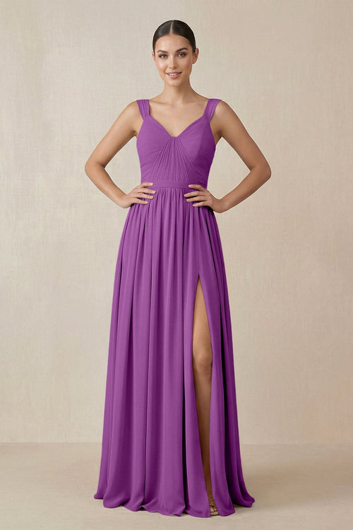 Chiffon A - Line Pleated Bridesmaid Dress in Amethyst - KissProm Bridesmaid Dresses