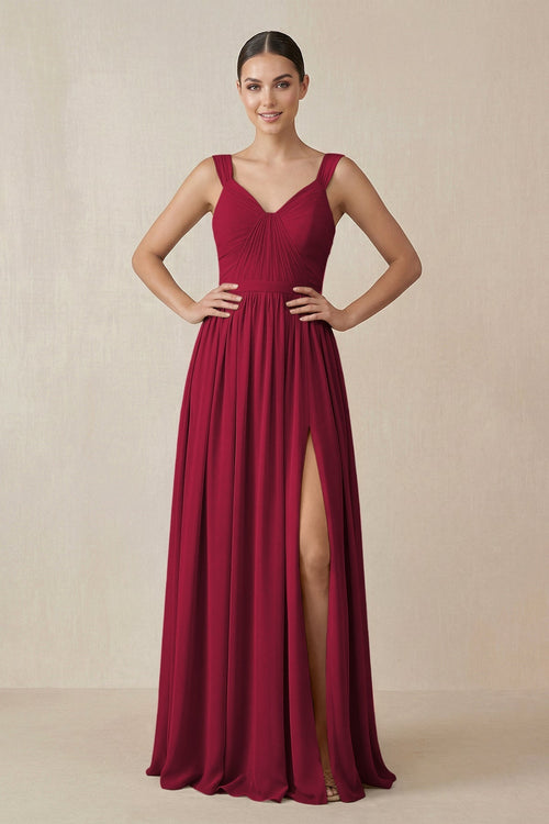 Chiffon A - Line Pleated Bridesmaid Dress in Berry - KissProm Bridesmaid Dresses