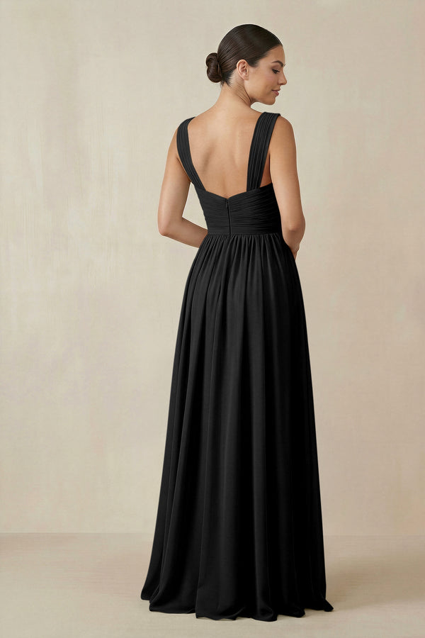Chiffon A - Line Pleated Bridesmaid Dress in Black - KissProm Bridesmaid Dresses