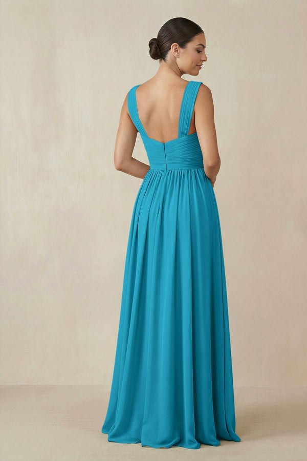 Chiffon A - Line Pleated Bridesmaid Dress in Blue Jay - KissProm Bridesmaid Dresses