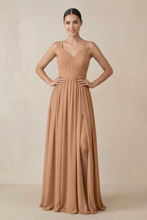 Chiffon A - Line Pleated Bridesmaid Dress in Bronzer - KissProm Bridesmaid Dresses