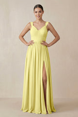 Chiffon A - Line Pleated Bridesmaid Dress in Buttercup - KissProm Bridesmaid Dresses
