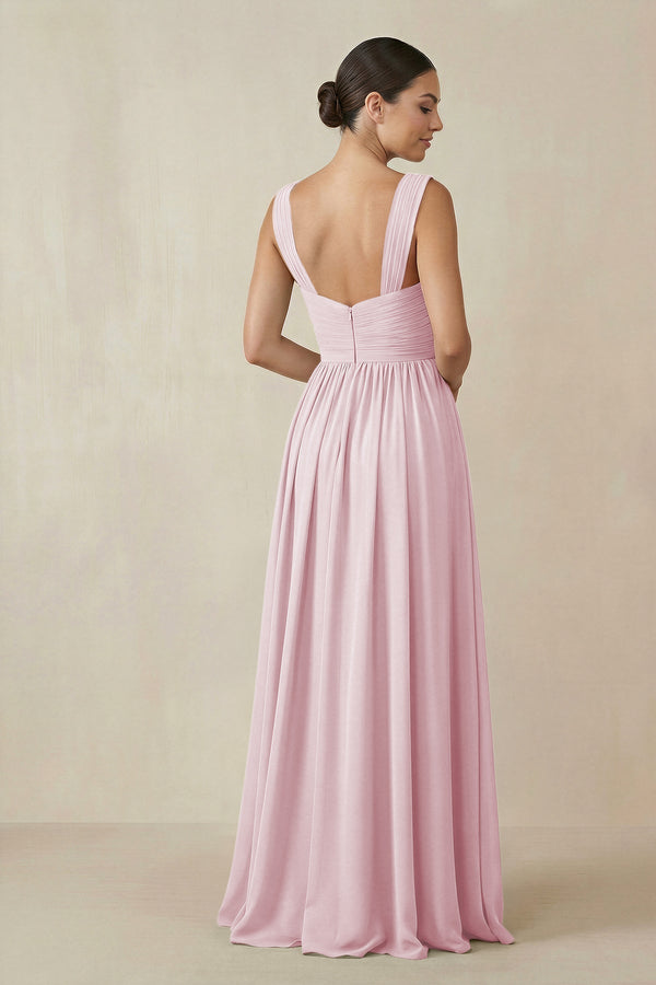 Chiffon A - Line Pleated Bridesmaid Dress in Candy Pink - KissProm Bridesmaid Dresses