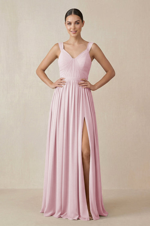 Chiffon A - Line Pleated Bridesmaid Dress in Candy Pink - KissProm Bridesmaid Dresses