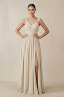 Chiffon A - Line Pleated Bridesmaid Dress in Champagne - KissProm Bridesmaid Dresses
