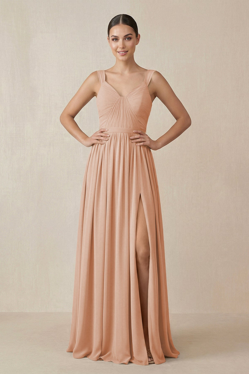 Chiffon A - Line Pleated Bridesmaid Dress in Champagne Rose - KissProm Bridesmaid Dresses