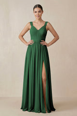 Chiffon A - Line Pleated Bridesmaid Dress in Dark Green - KissProm Bridesmaid Dresses