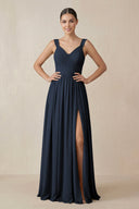 Chiffon A - Line Pleated Bridesmaid Dress in Dark Navy - KissProm Bridesmaid Dresses