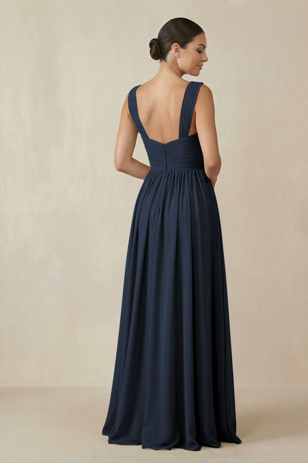 Chiffon A - Line Pleated Bridesmaid Dress in Dark Navy - KissProm Bridesmaid Dresses