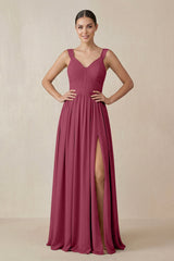 Chiffon A - Line Pleated Bridesmaid Dress in Desert Rose - KissProm Bridesmaid Dresses