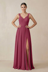 Chiffon A - Line Pleated Bridesmaid Dress in Desert Rose - KissProm Bridesmaid Dresses
