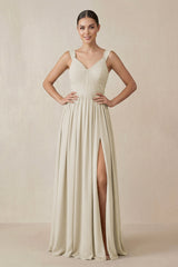 Chiffon A - Line Pleated Bridesmaid Dress in Dove Gray - KissProm Bridesmaid Dresses