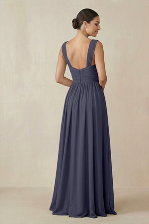 Chiffon A - Line Pleated Bridesmaid Dress in Dusk Blue - KissProm Bridesmaid Dresses