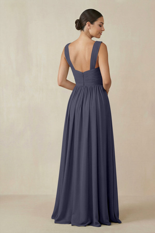 Chiffon A - Line Pleated Bridesmaid Dress in Dusk Blue - KissProm Bridesmaid Dresses