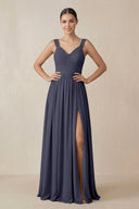 Chiffon A - Line Pleated Bridesmaid Dress in Dusk Blue - KissProm Bridesmaid Dresses
