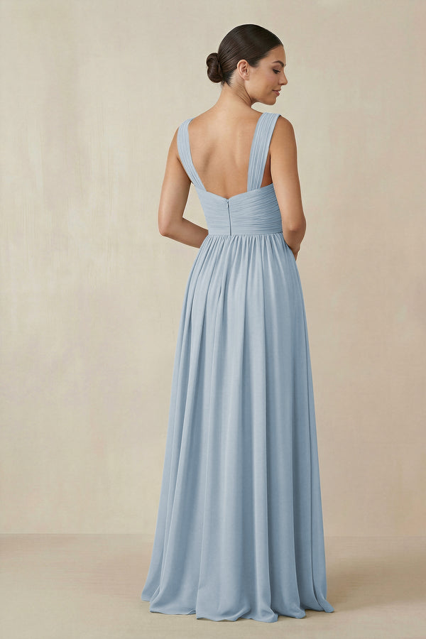 Chiffon A - Line Pleated Bridesmaid Dress in Dusty Blue - KissProm Bridesmaid Dresses