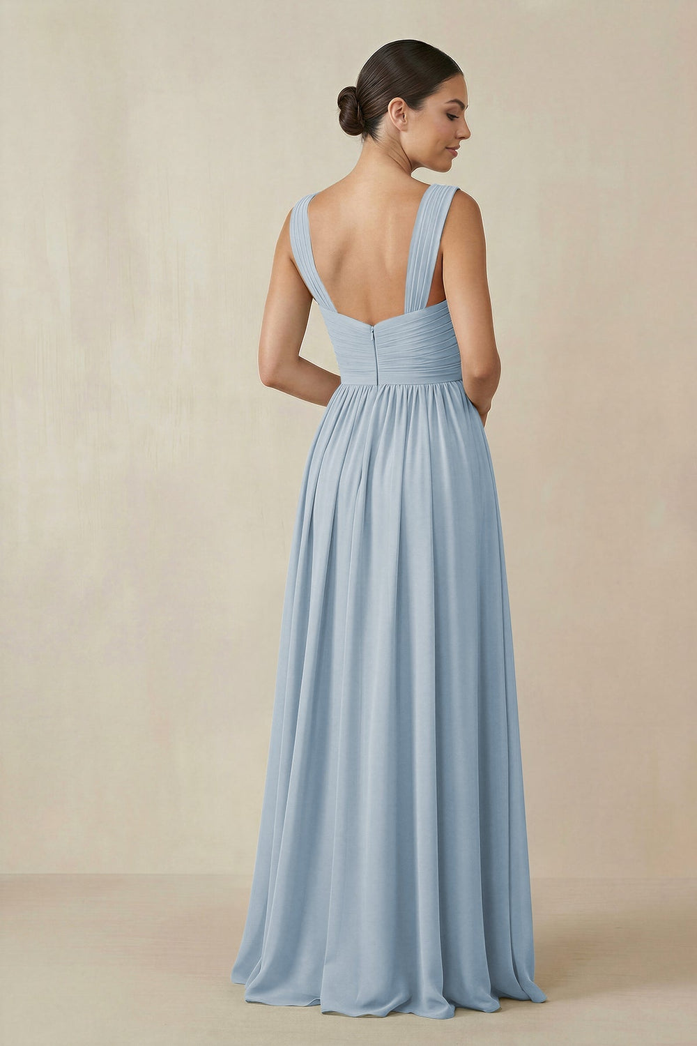 Chiffon A - Line Pleated Bridesmaid Dress in Dusty Blue - KissProm Bridesmaid Dresses